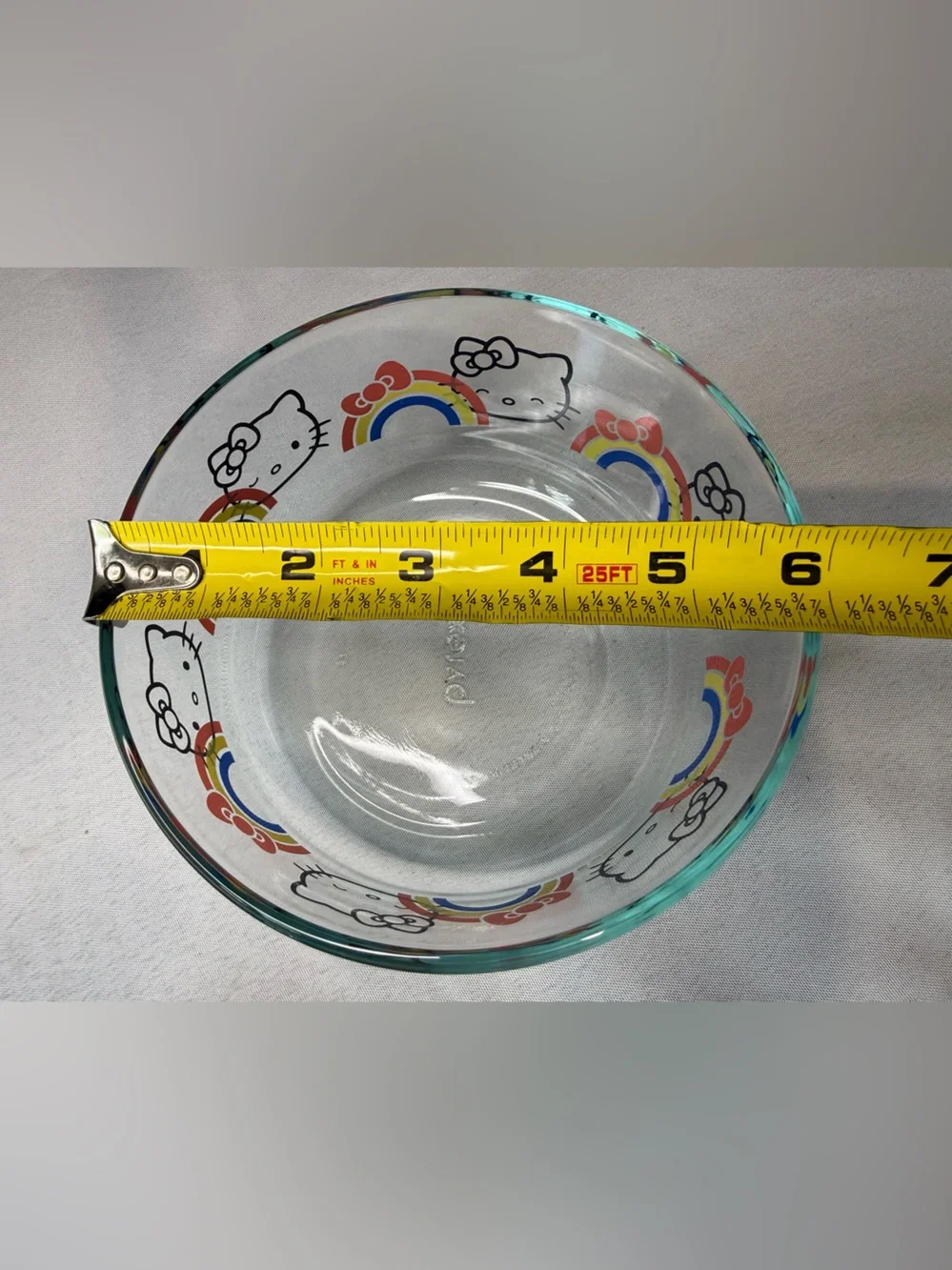 Hello Kitty  Glass Pyrex Bowl with Rainbow and Red Bow Accents 6” Diameter